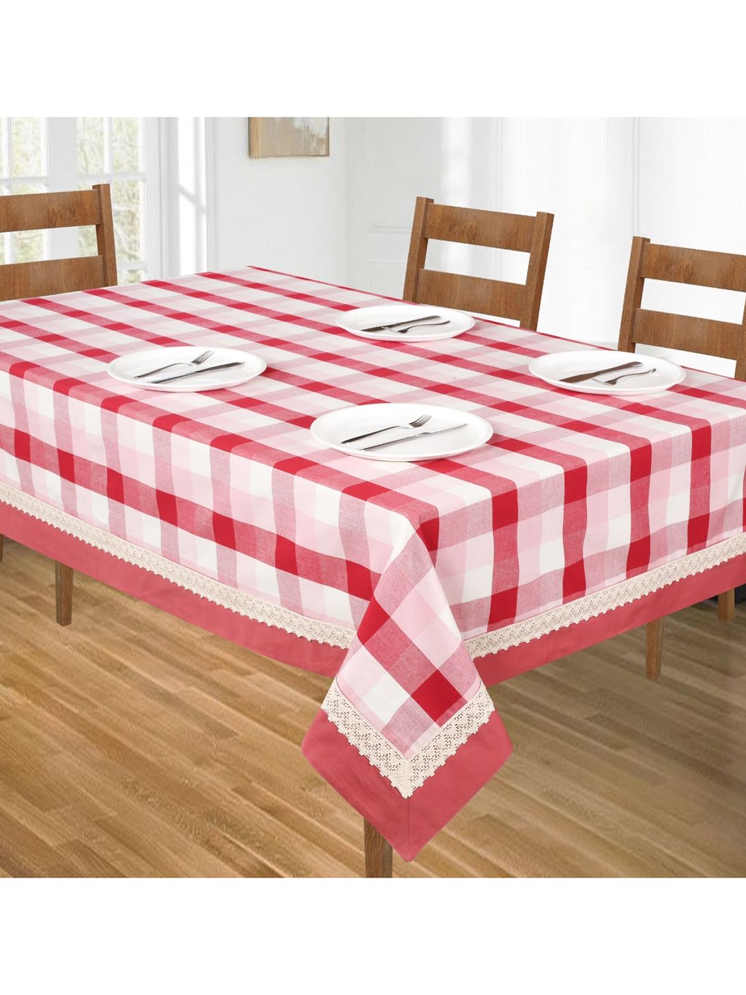 SHADES of LIFE White and Red  Checked Printed 6-Seater Table Covers Price in India
