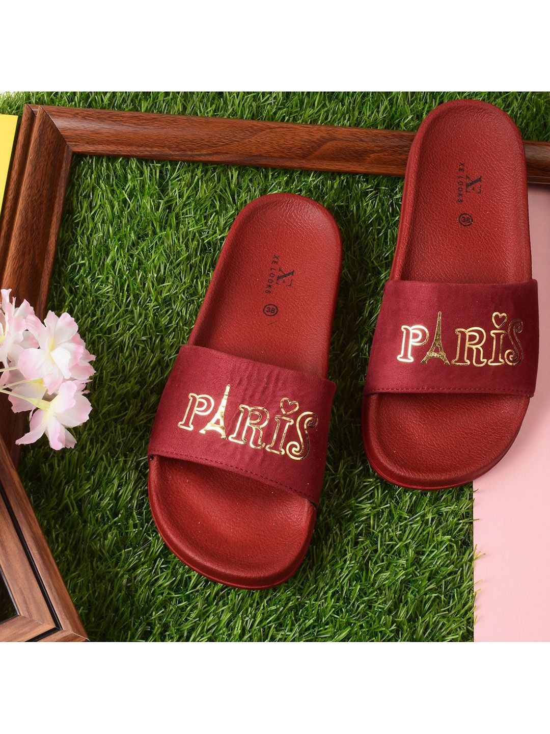 XE LOOKS Women Maroon & Gold-Toned Printed Sliders Price in India
