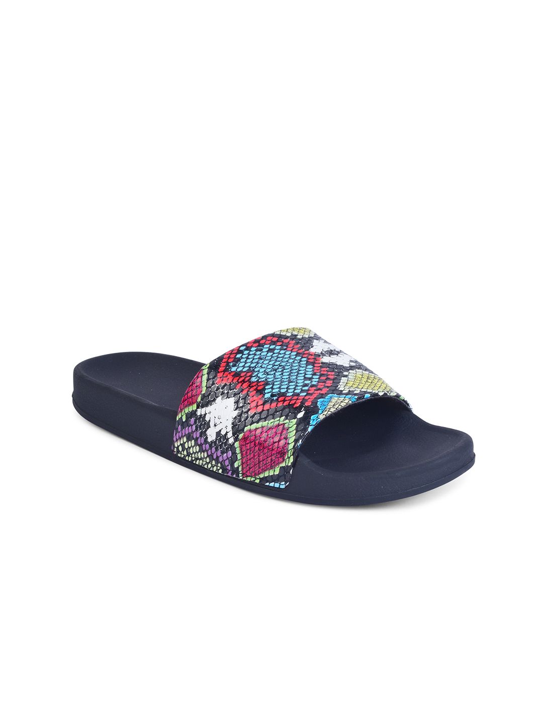 XE Looks Women Navy Blue & Magenta Printed Sliders