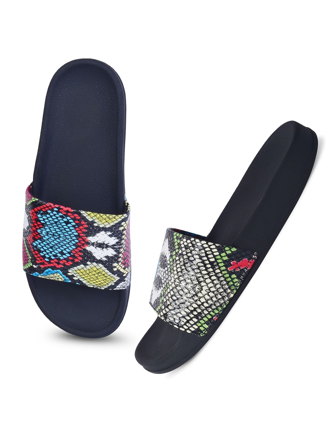 XE LOOKS Women Navy Blue & Magenta Printed Sliders Price in India