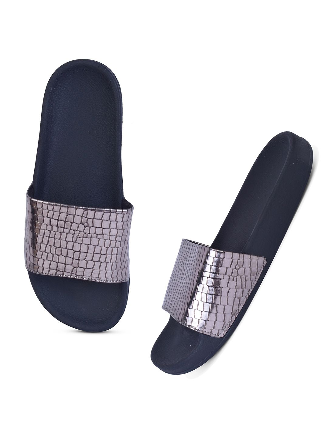 XE LOOKS Women Grey & Navy Blue Sliders Price in India