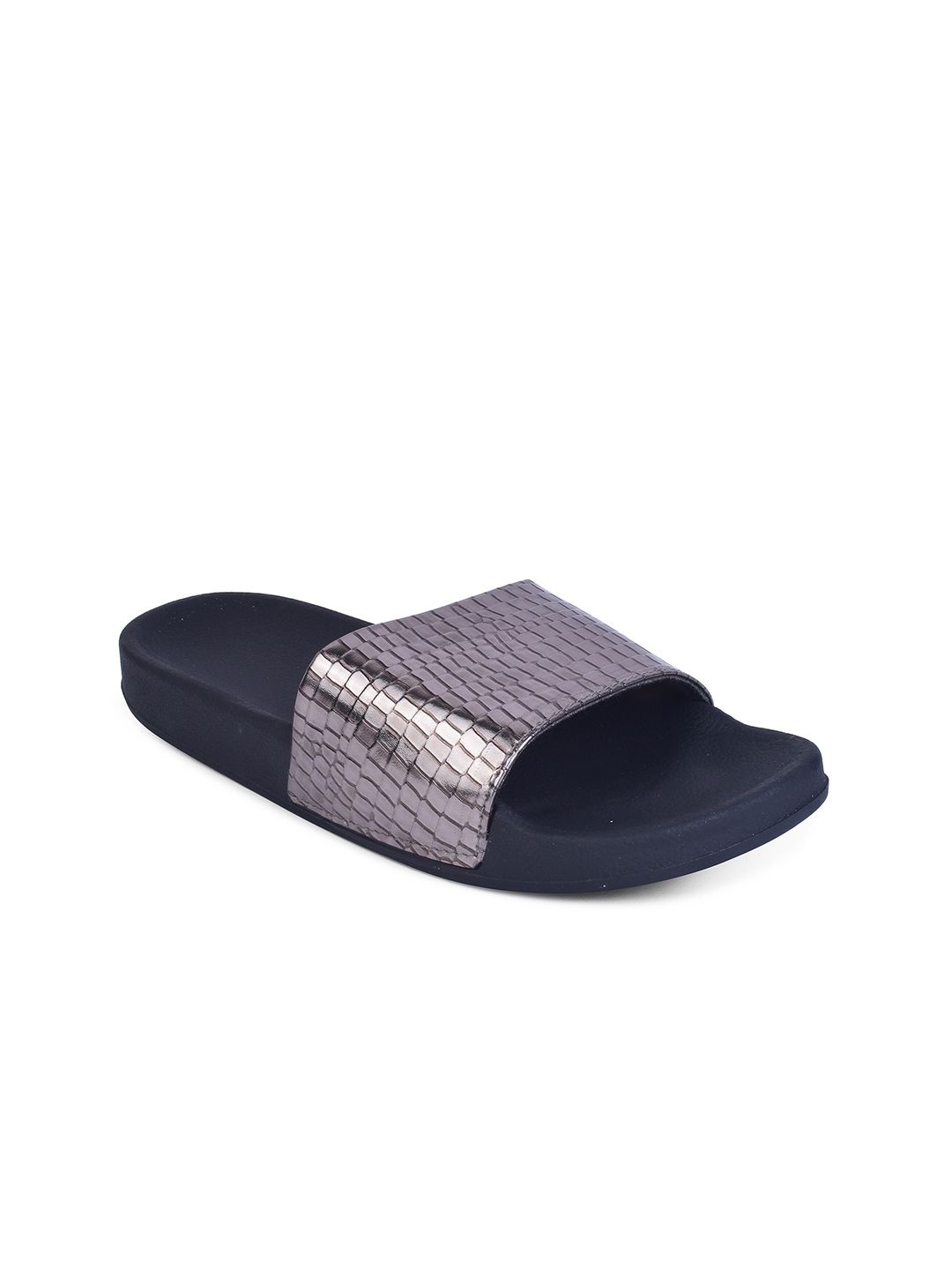 XE Looks Women Grey & Navy Blue Self Design Slider Flip Flop