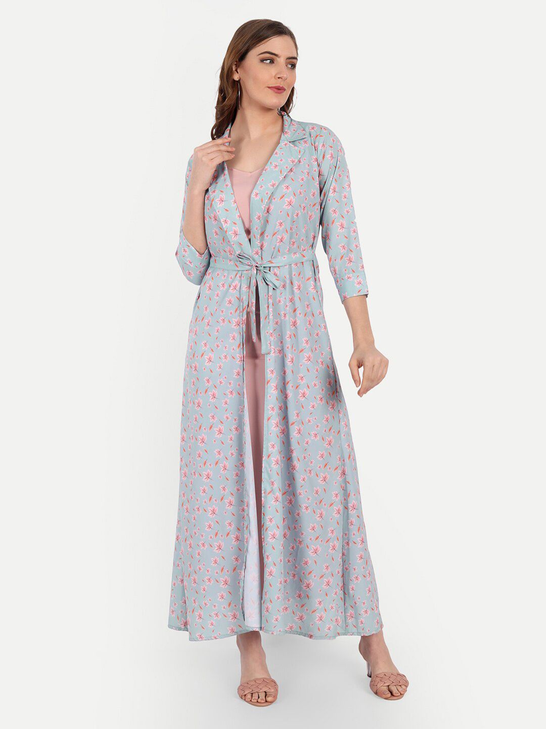 KIROSHE BY KIRAN Women Blue & Pink Printed Longline Tie-Up Shrug Price in India