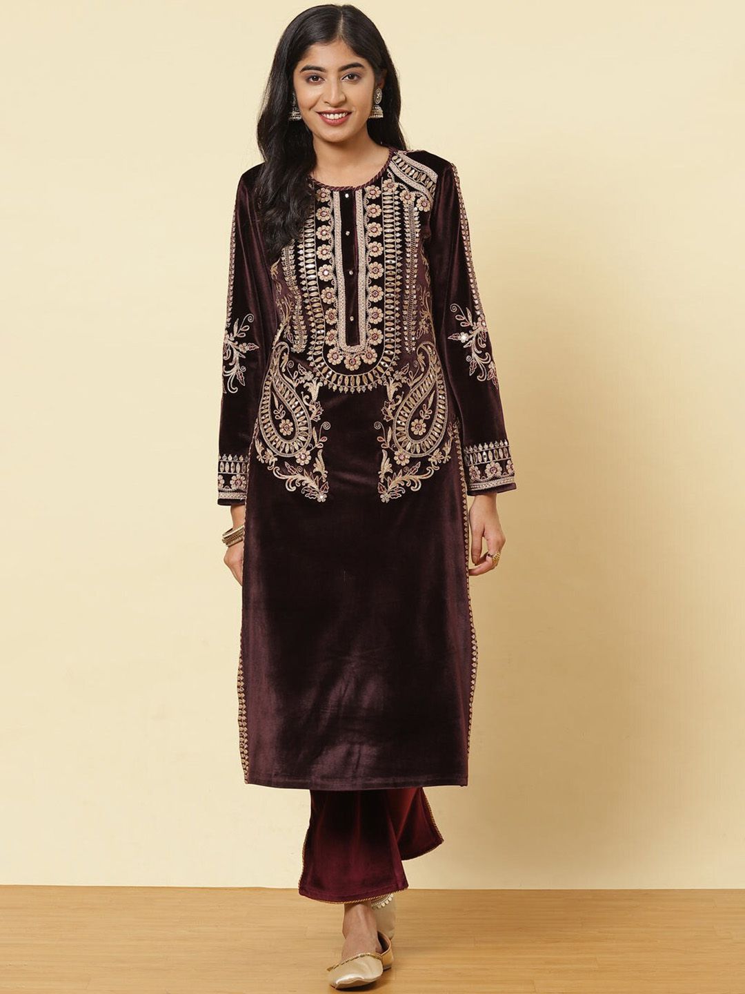 Lakshita Women Brown & licorice Embroidered Keyhole Neck Flared Sleeves Thread Work Velvet Kurta Price in India