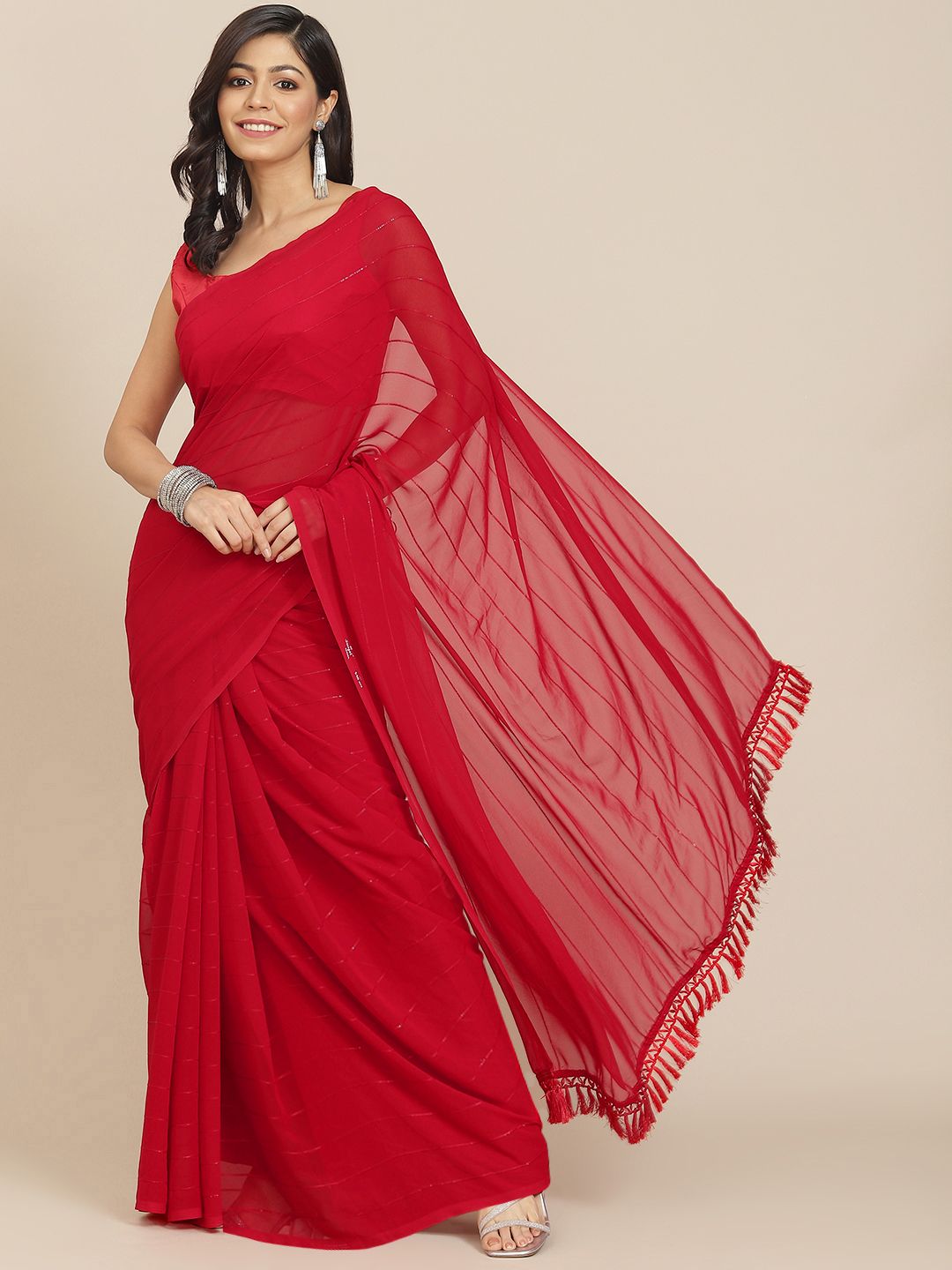 Tikhi Imli Red Striped Saree Price in India