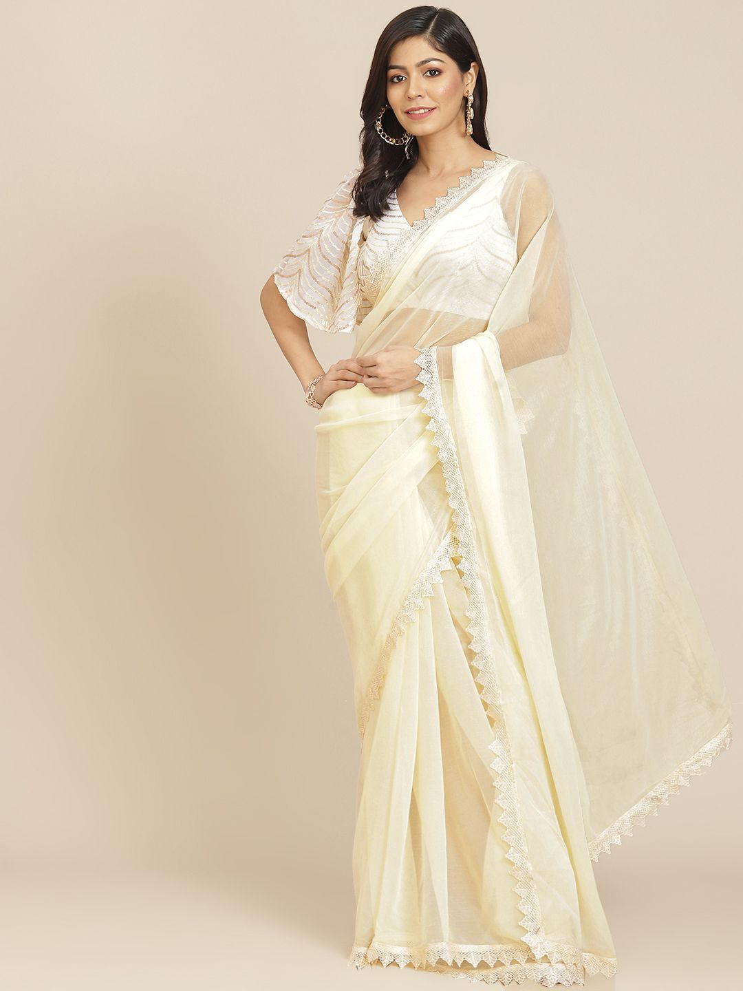 Tikhi Imli Cream-Coloured Polyester Saree Price in India