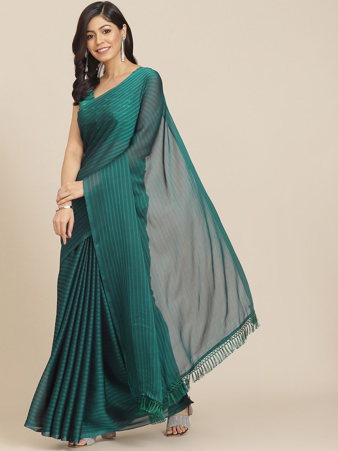 Tikhi Imli Teal Green Striped Saree Price in India