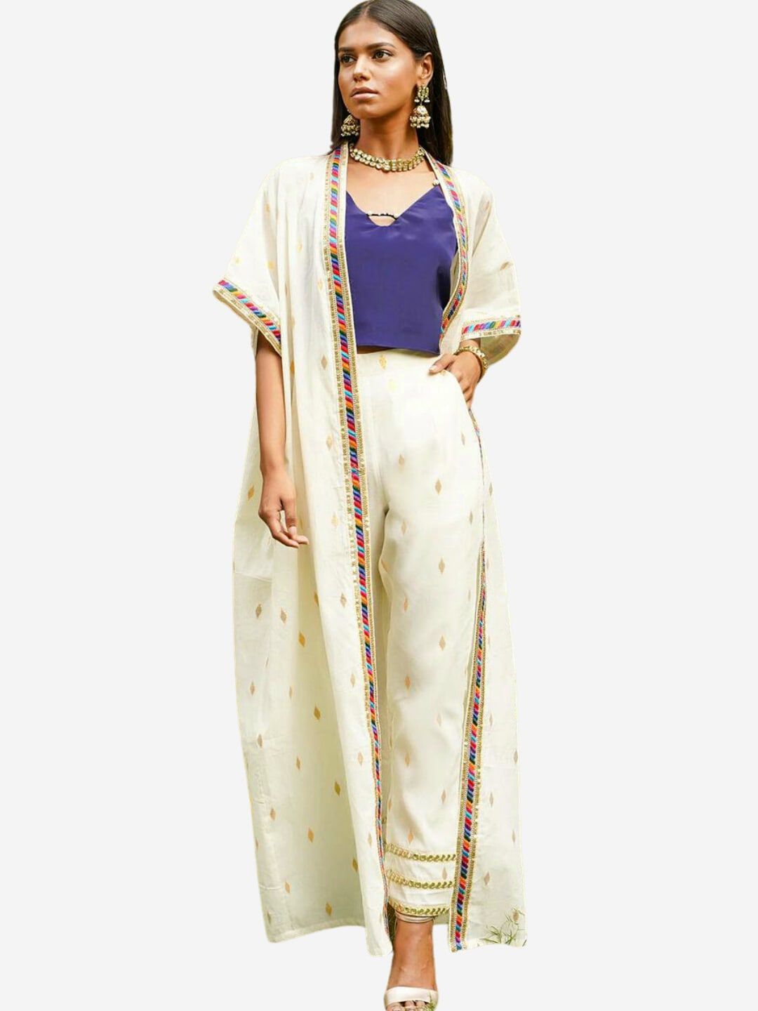 Alaya By Stage3 Women White & Blue Ethnic Longline Shrug Price in India