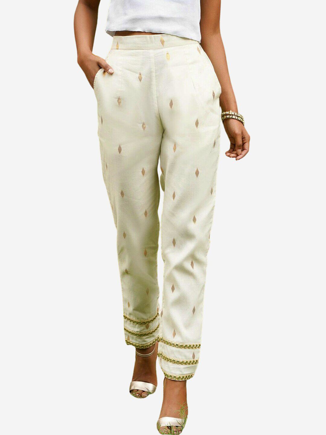 Alaya By Stage3 Women White Ethnic Motifs Slim Fit Easy Wash Trousers Price in India