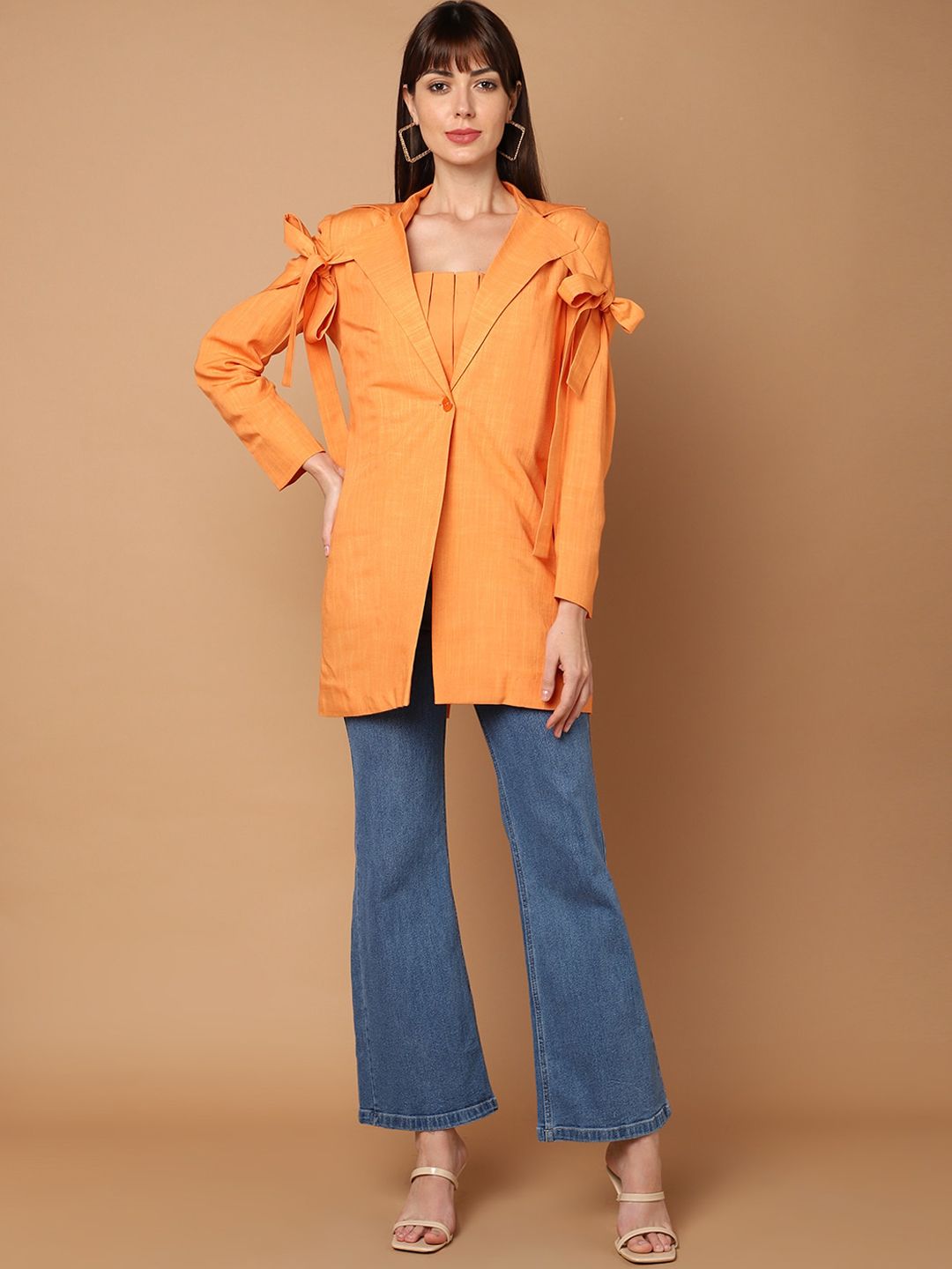 SHABERRY Women Orange Solid Linen Single-Breasted Regular-Fit Blazer Price in India