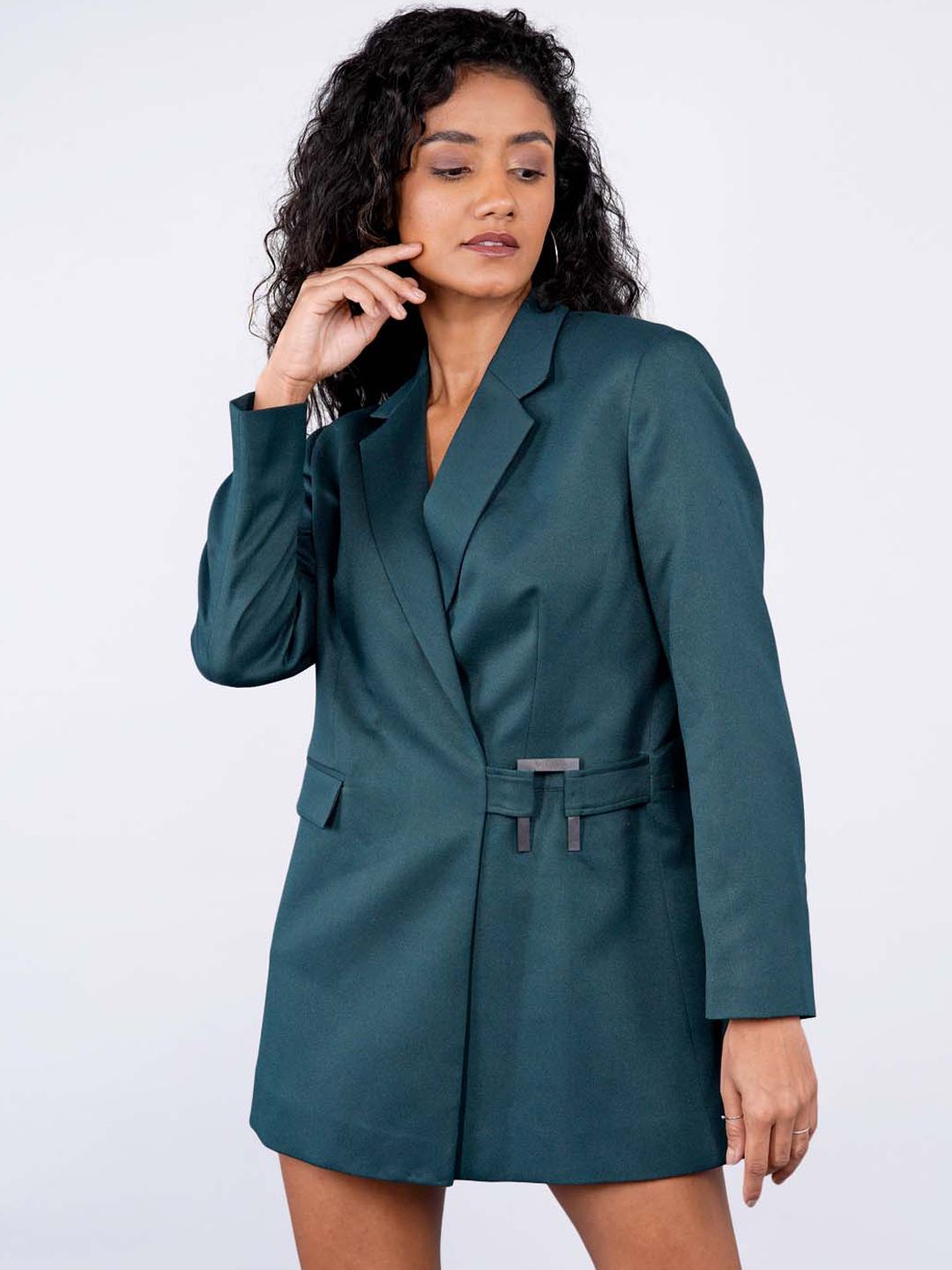 SHABERRY Women Green Open Front Blazer With Buckle Price in India
