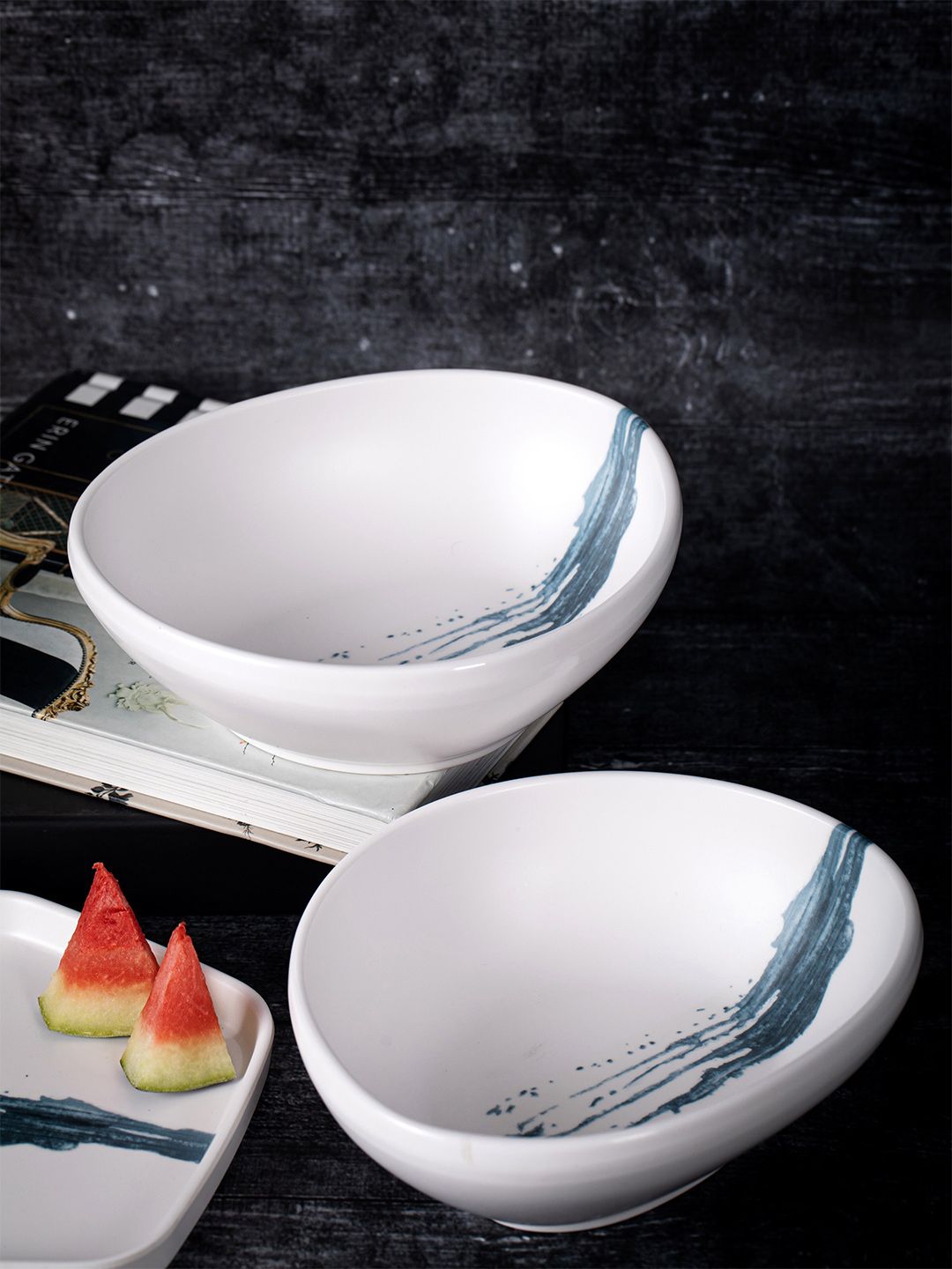Stehlen Set of 2 White & Blue Printed Melamine Glossy Bowls Price in India