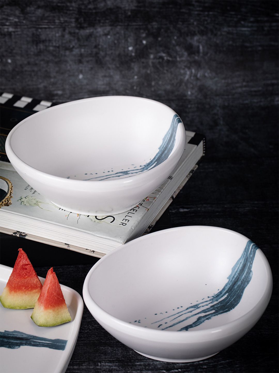 Stehlen White & Blue 2 Pieces Printed Melamine Glossy Bowls Price in India