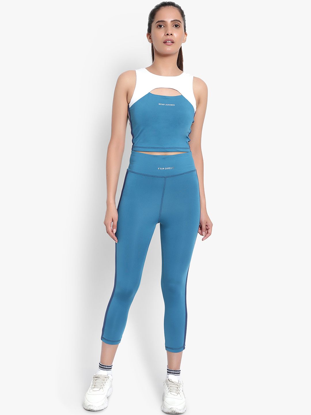 Wearjukebox Women Blue & White Colourblocked Sports Crop Top with Tights Price in India