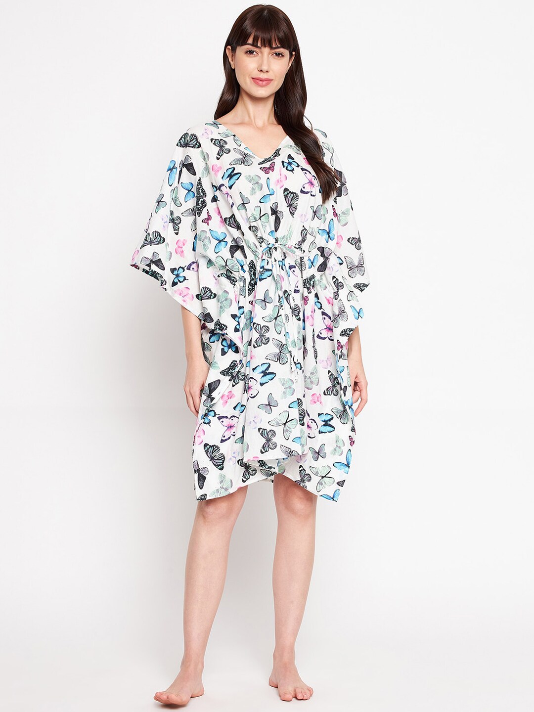 SECRETS BY ZEROKAATA Women White & Pink Printed Pure Cotton Kaftan Cover Up Dress Price in India
