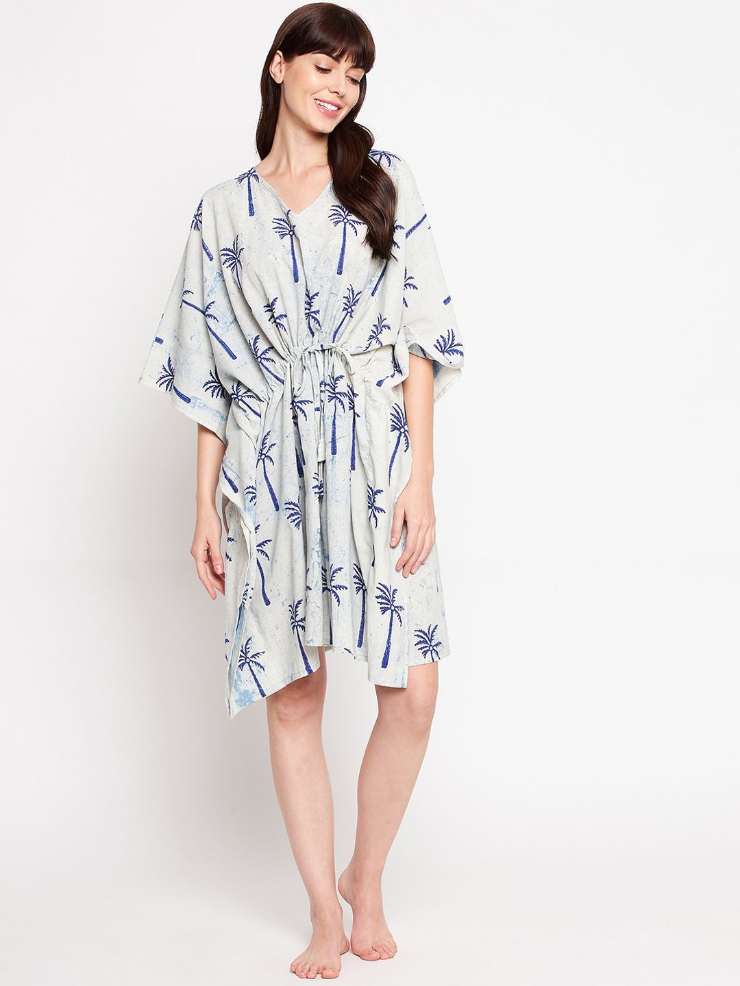 SECRETS BY ZEROKAATA Women Light-Grey & Blue Printed Pure Cotton Kaftan Cover Up Dress Price in India