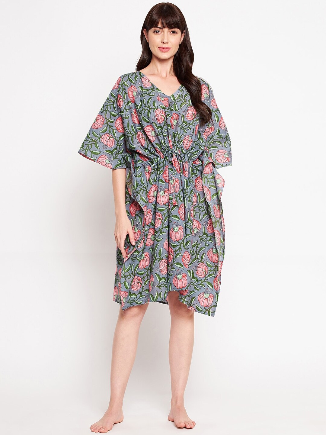 SECRETS BY ZEROKAATA Women Grey & Pink Printed Pure Cotton Kaftan Cover-Up Dress Price in India