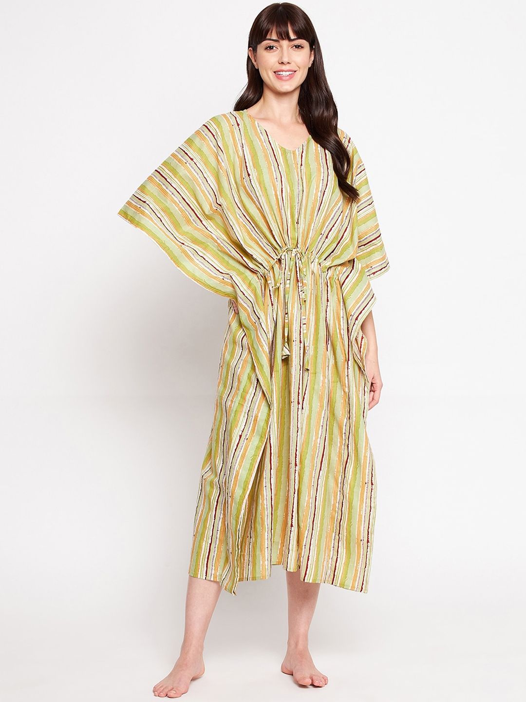 SECRETS BY ZEROKAATA Women Green & White Striped Pure Cotton Long Kaftan Cover-Up Dress Price in India