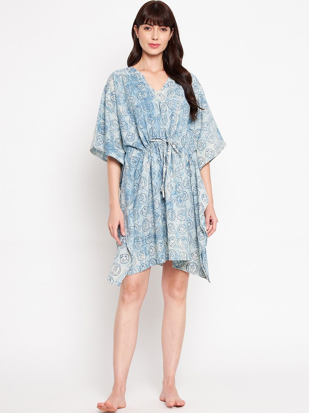 SECRETS BY ZEROKAATA Women Light-Grey & Blue Printed Kaftan Cover-Up Dress Price in India