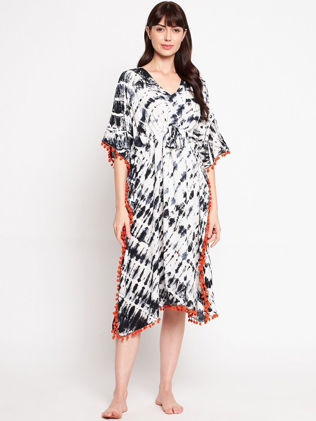 SECRETS BY ZEROKAATA Women White & Black Tie-Dye Printed Kaftan Cover-Up Dress Price in India