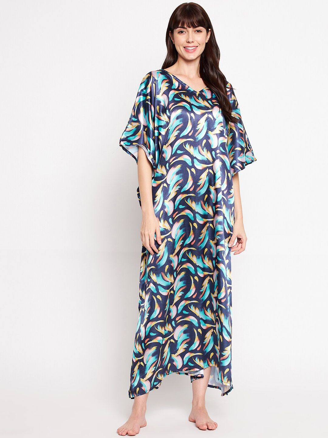 SECRETS BY ZEROKAATA Women Blue & Orange Printed Long Kaftan Cover Up Dress Price in India