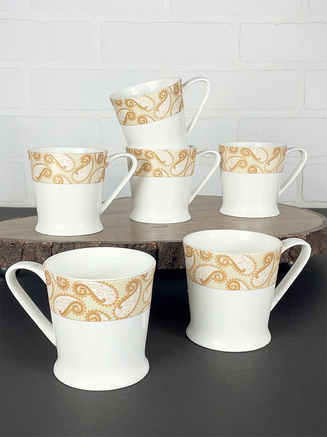 CLAY CRAFT Set Of 6 White & Brown Printed Ceramic Glossy Cups and Mugs Price in India