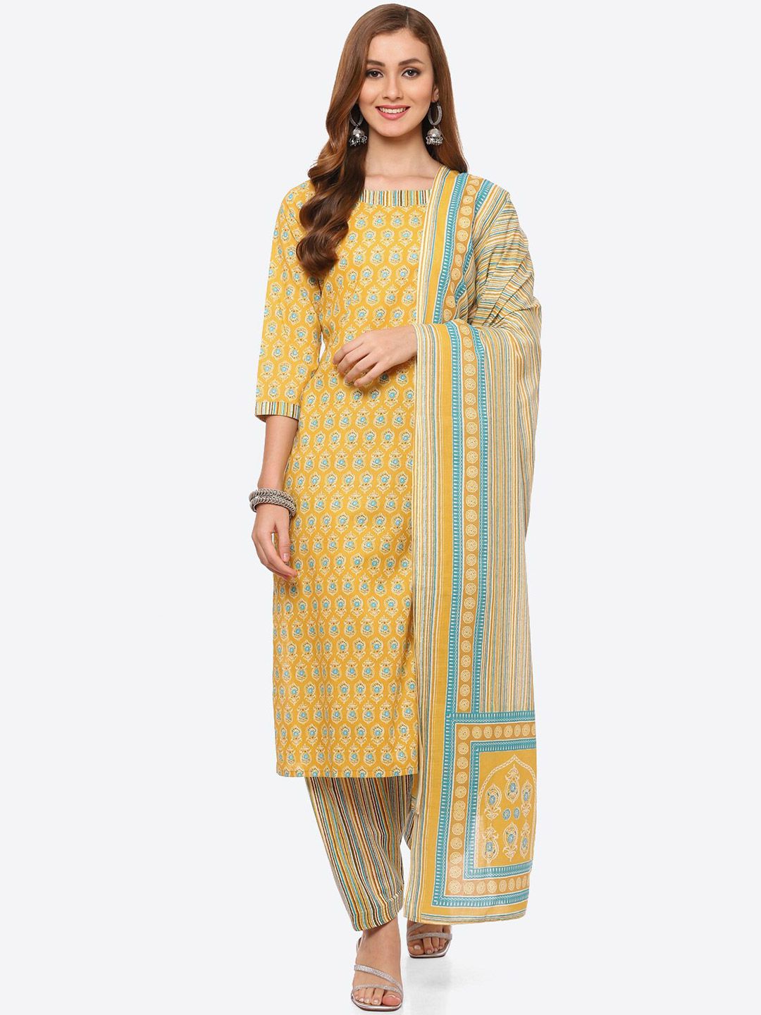 Biba Yellow & Blue Pure Cotton Unstitched Dress Material Price in India