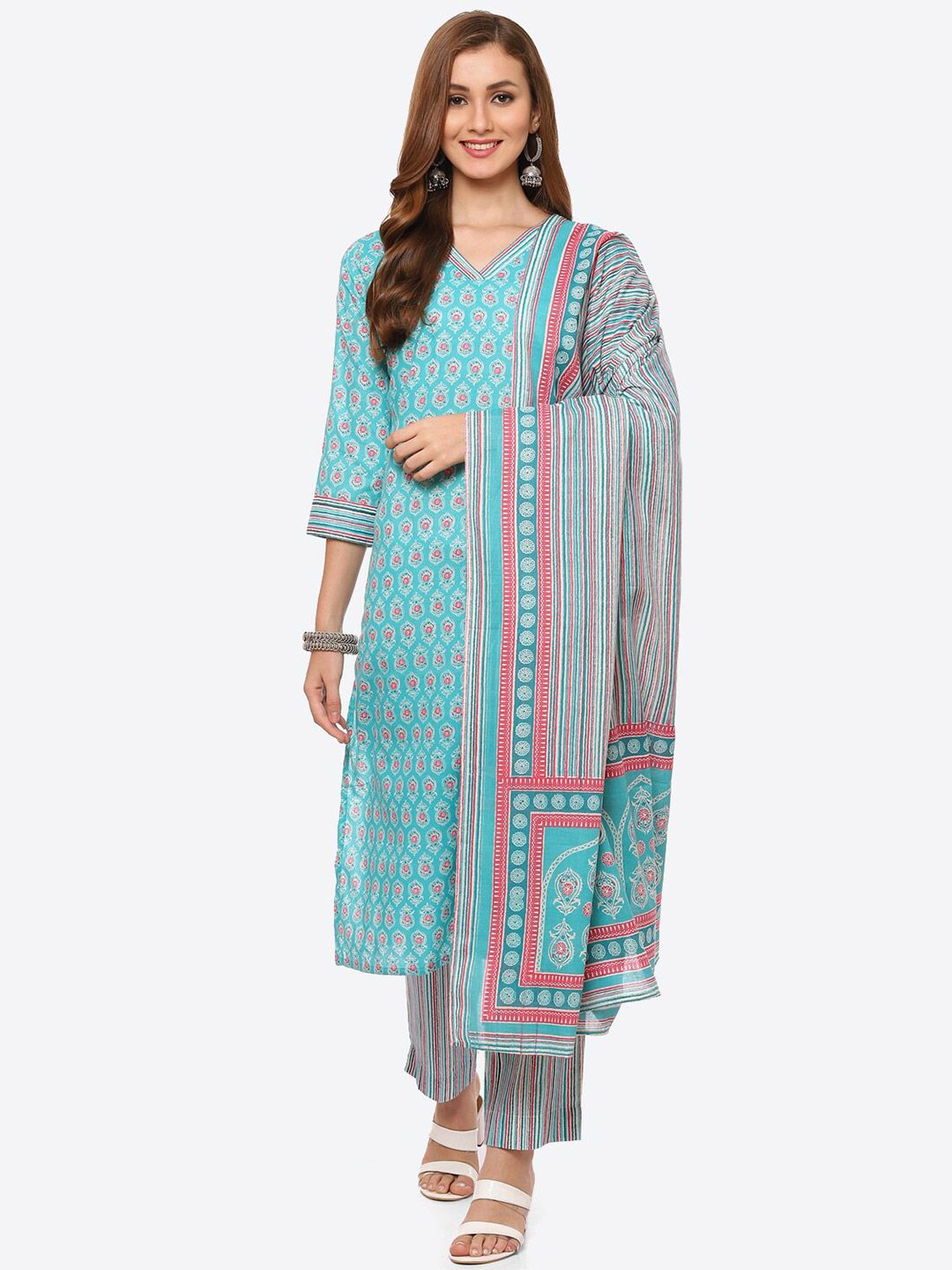 Biba Blue & Pink Pure Cotton Unstitched Dress Material Price in India