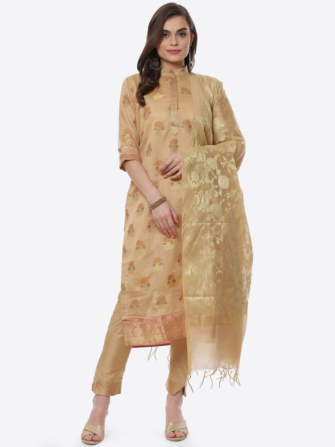 Biba Beige & Brown Unstitched Dress Material Price in India