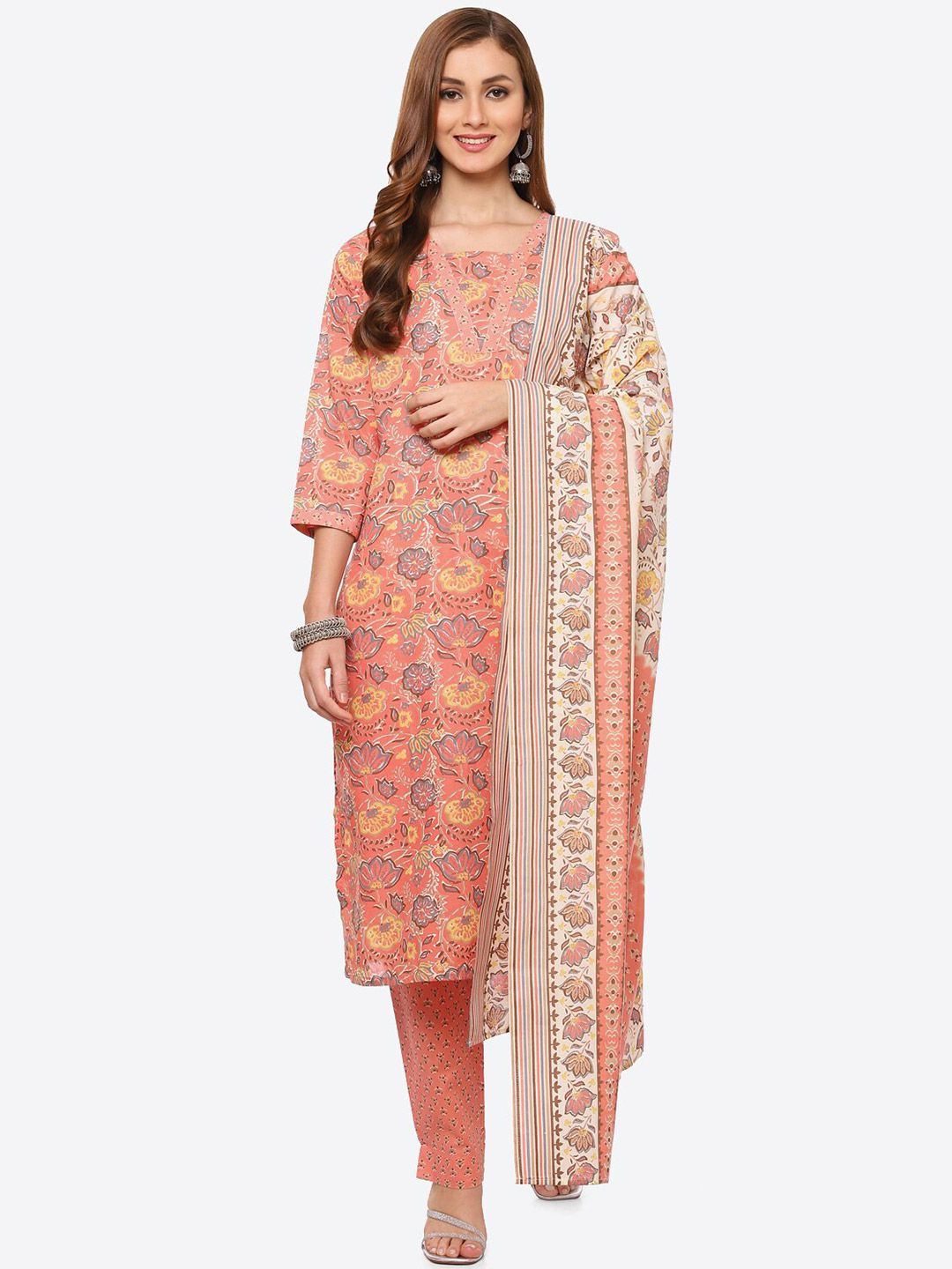 Biba Peach-Coloured & White Pure Cotton Unstitched Dress Material Price in India