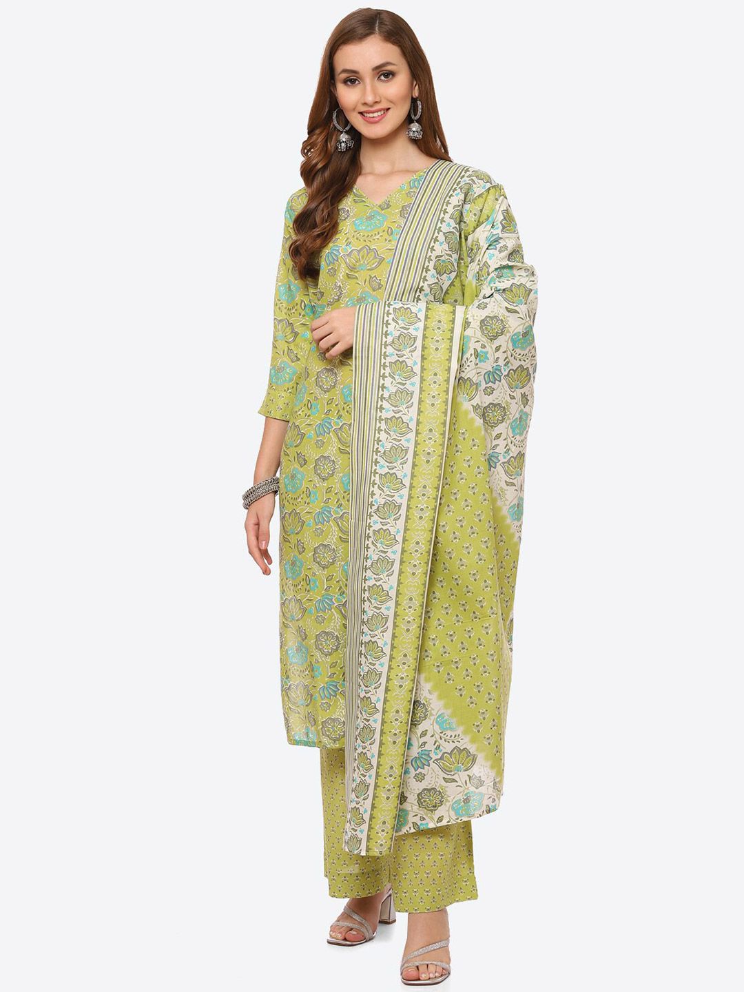Biba Green & White Pure Cotton Unstitched Dress Material Price in India