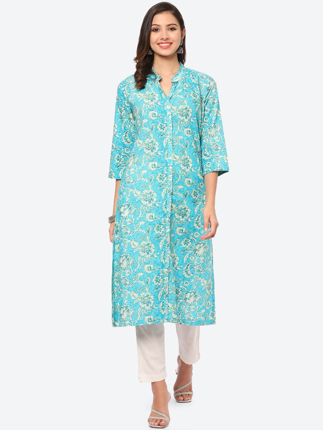 Biba Women Turquoise Blue Ethnic Motifs Printed Kurta Price in India