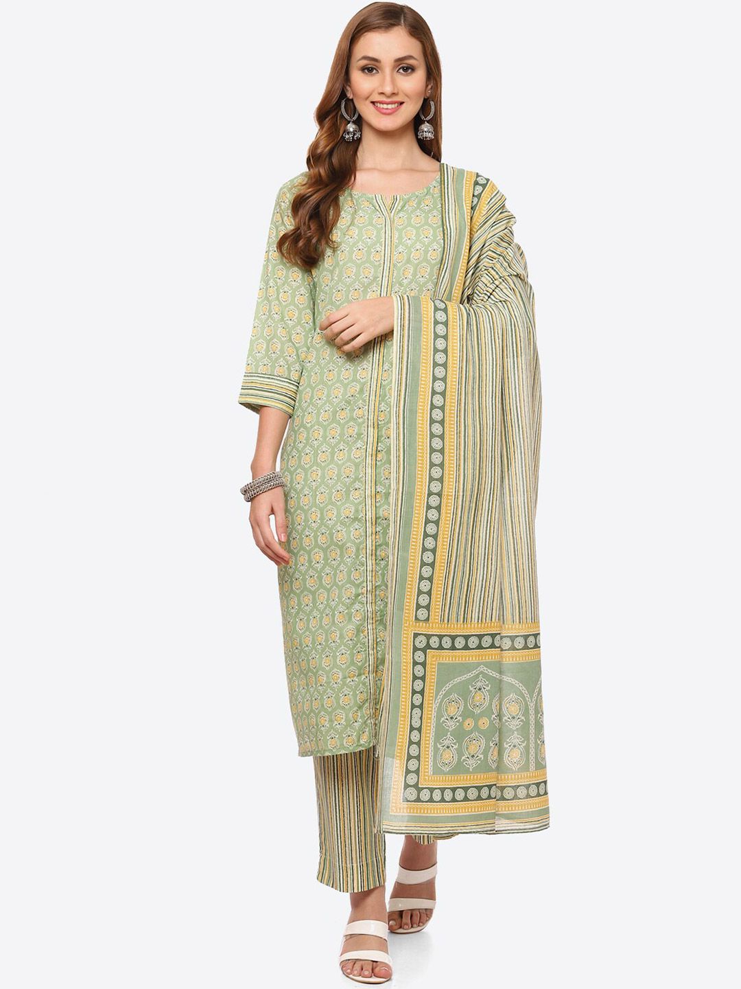 Biba Green & Yellow Pure Cotton Unstitched Dress Material Price in India