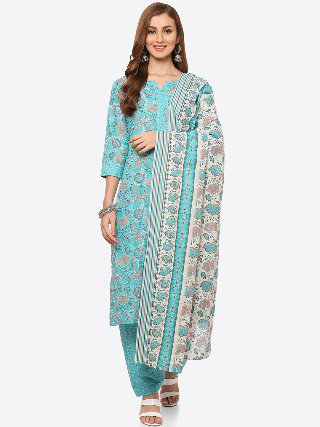 Biba Blue & Rose Gold Pure Cotton Unstitched Dress Material Price in India
