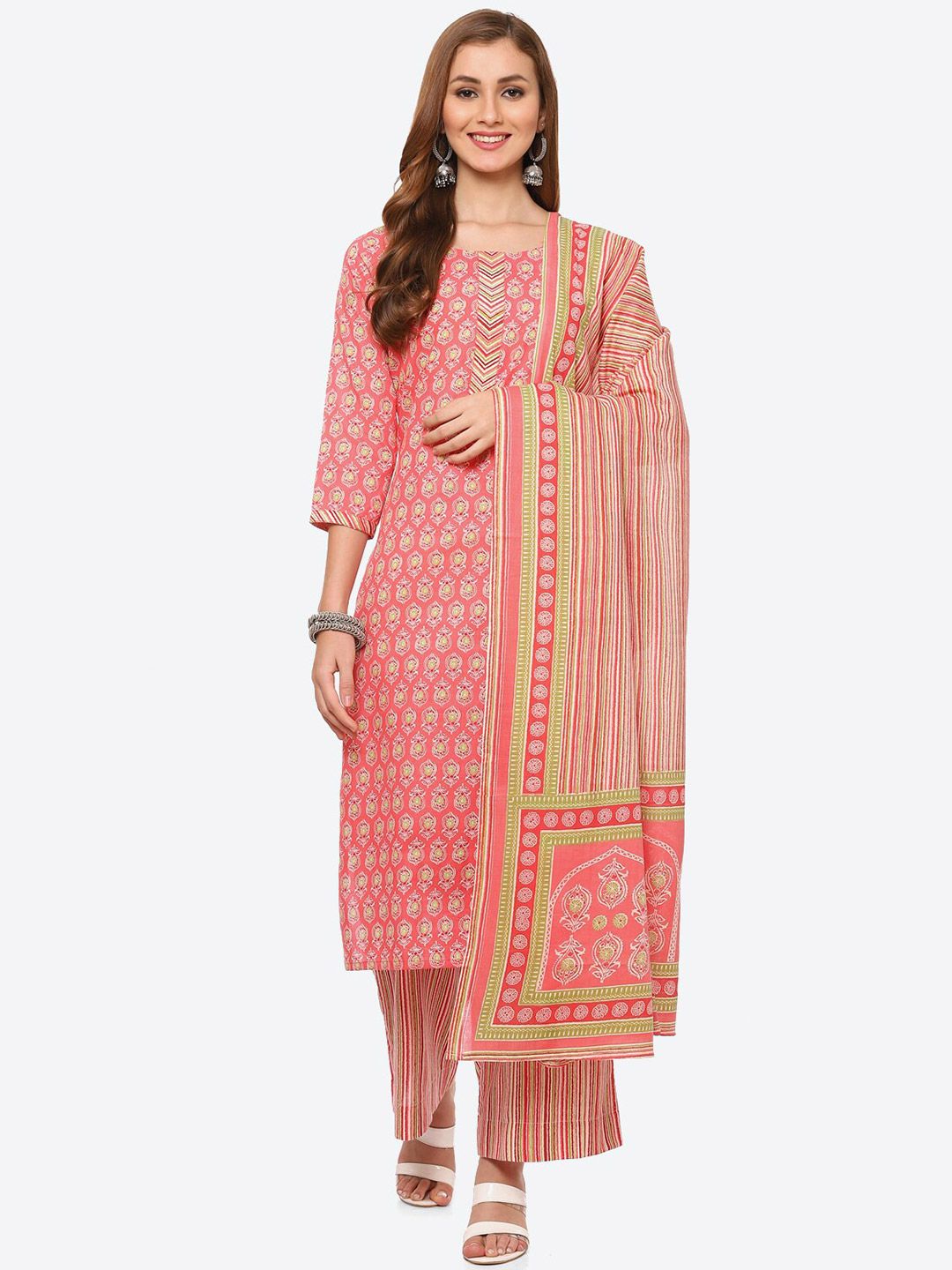 Biba Red & Green Pure Cotton Unstitched Dress Material Price in India