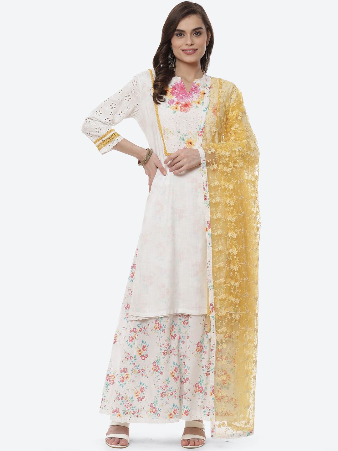 Biba Women White Floral Yoke Design Layered Kurti with Skirt & With Dupatta Price in India