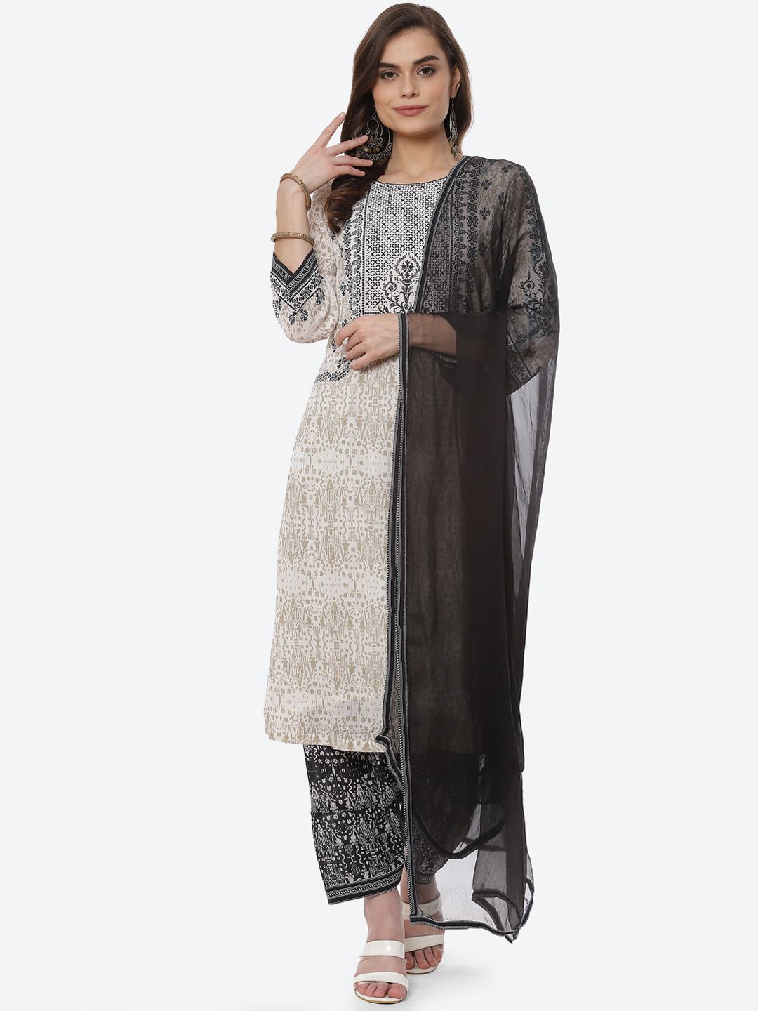 Biba Women Black Printed Kurti with Trousers & With Dupatta Price in India