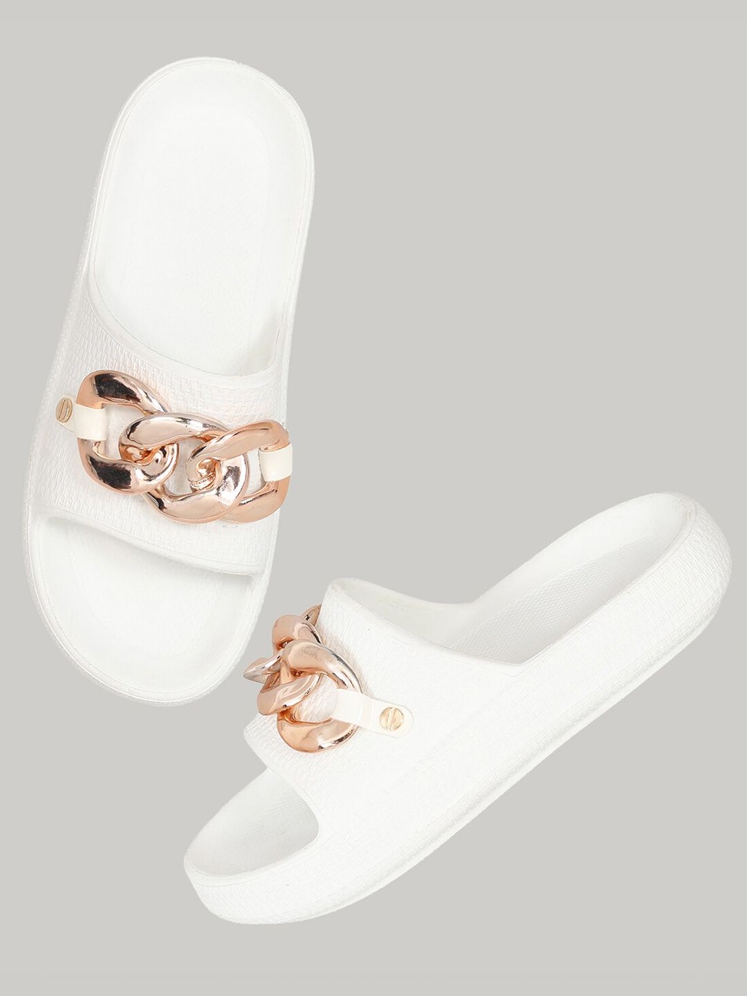 Zyla Women White & Copper-Toned Embellished Rubber Sliders Price in India