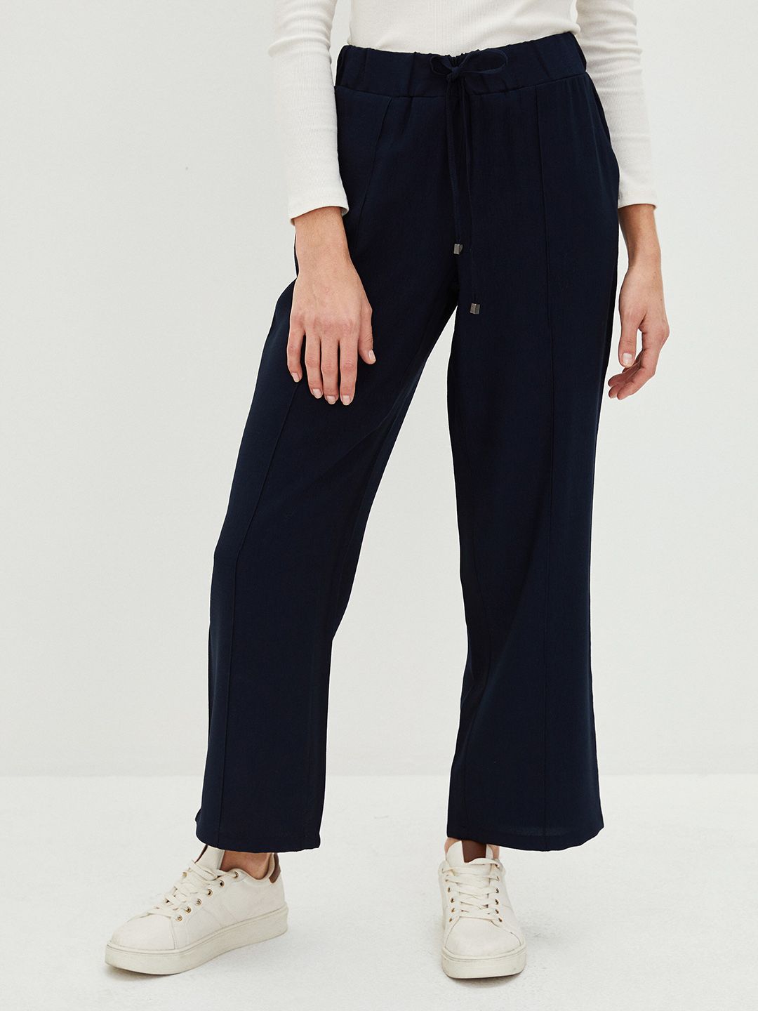 LC Waikiki Women Navy Blue Straight Fit Pleated Trousers Price in India
