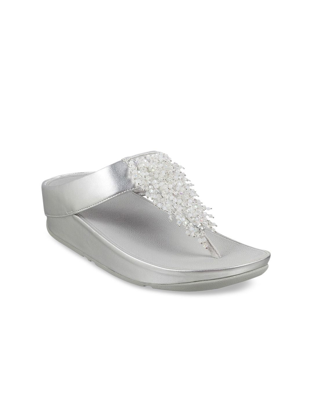 fitflop Silver-Toned Embellished PU Flatform Mules Price in India