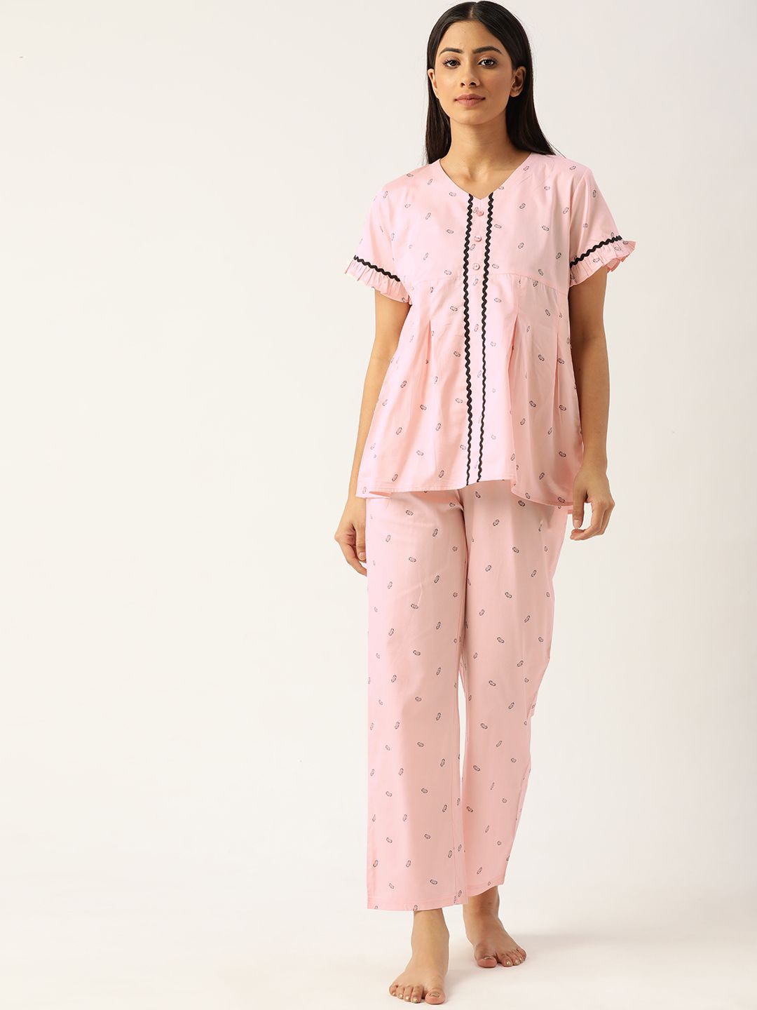 BROOWL Women Pink Printed Cotton Night suit Price in India