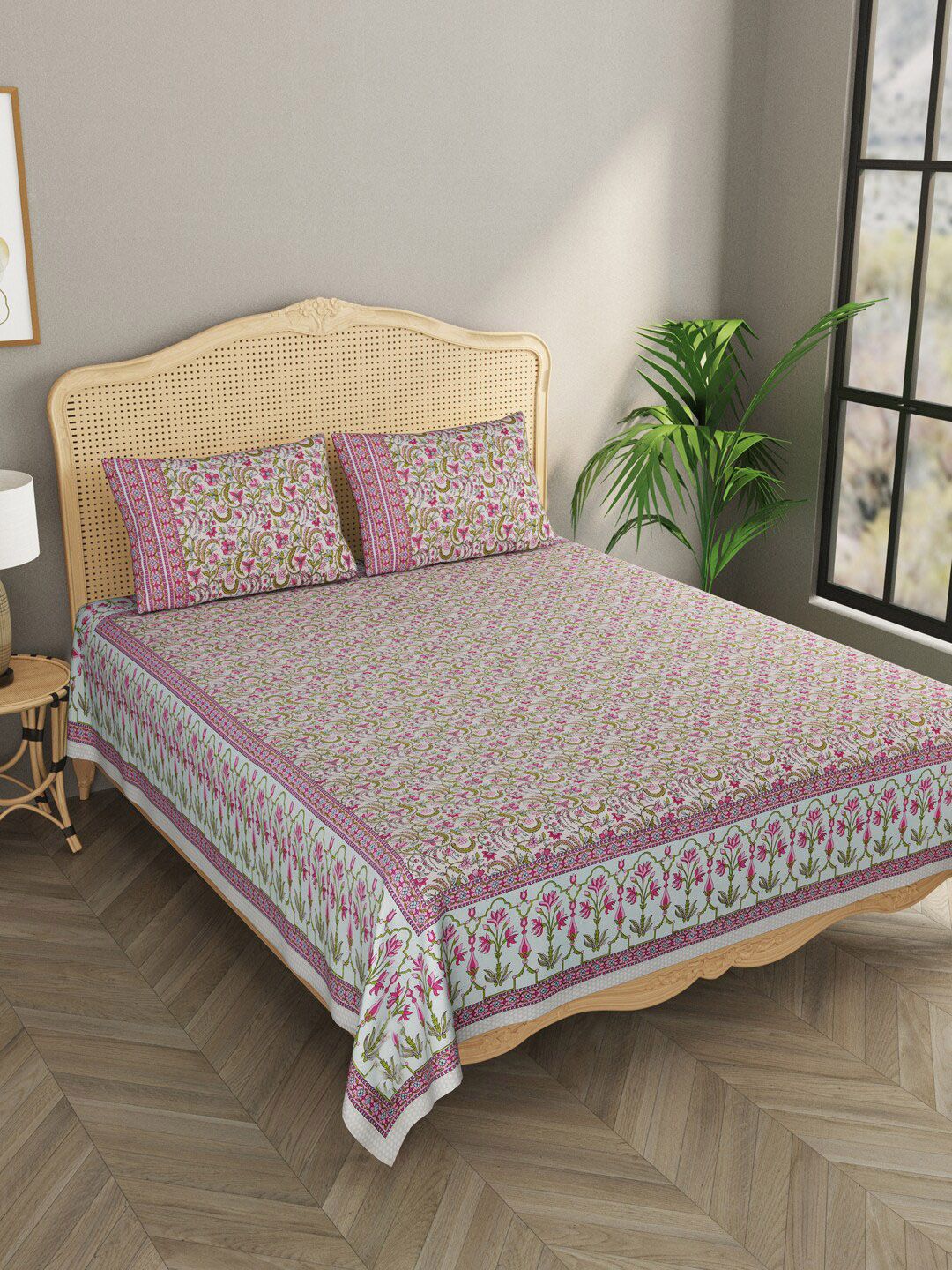 Gulaab Jaipur Pink & Green Floral 600 TC King Bedsheet with 2 Pillow Covers Price in India