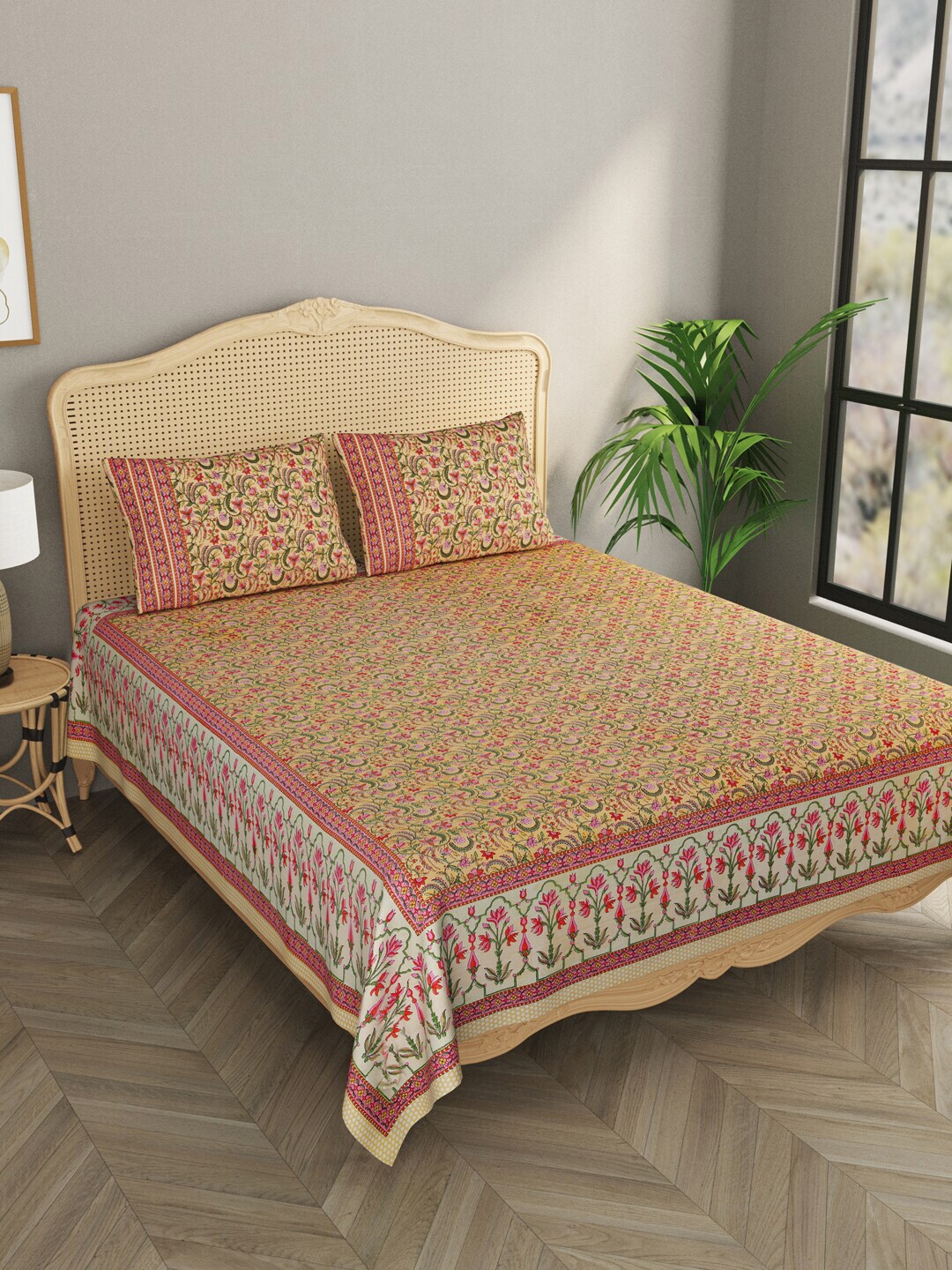 Gulaab Jaipur Orange & Green Floral 600 TC King Bedsheet with 2 Pillow Covers Price in India