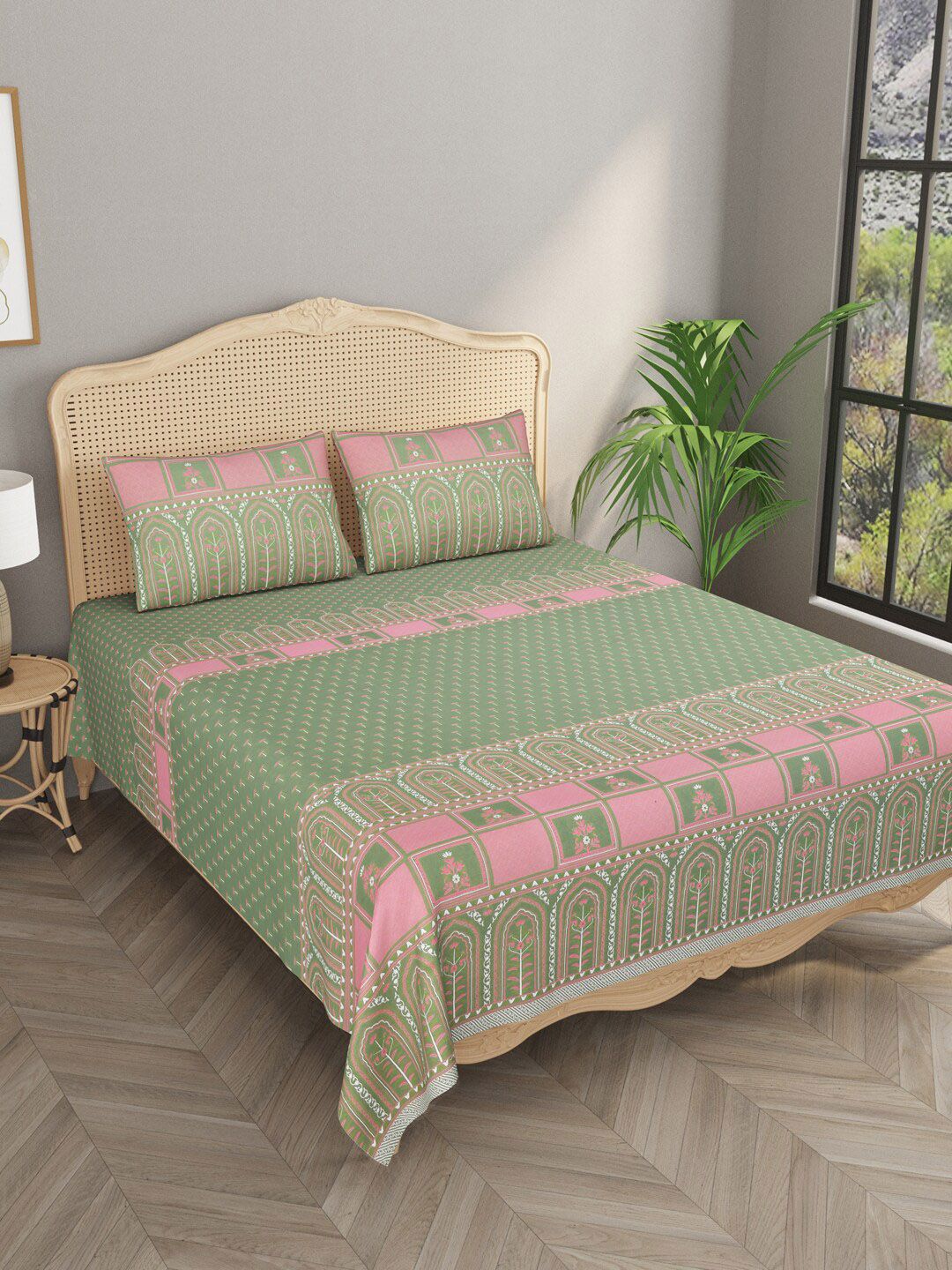 Gulaab Jaipur Green & Pink 600 TC King Bedsheet with 2 Pillow Covers Price in India
