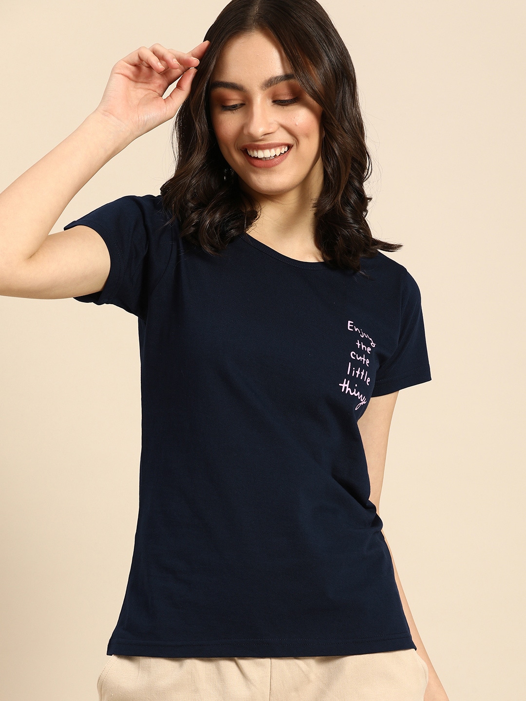 Clt.s Women Navy Blue Pure Cotton Typography Printed Lounge T-shirt Price in India