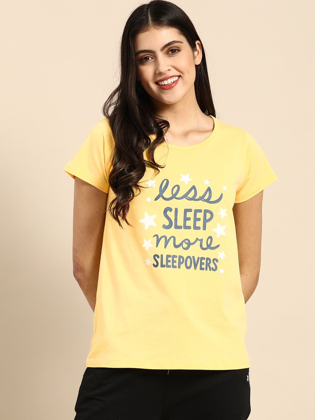Clt.s Women Yellow Printed Cotton Boyfriend Fit Lounge T-shirt Price in India