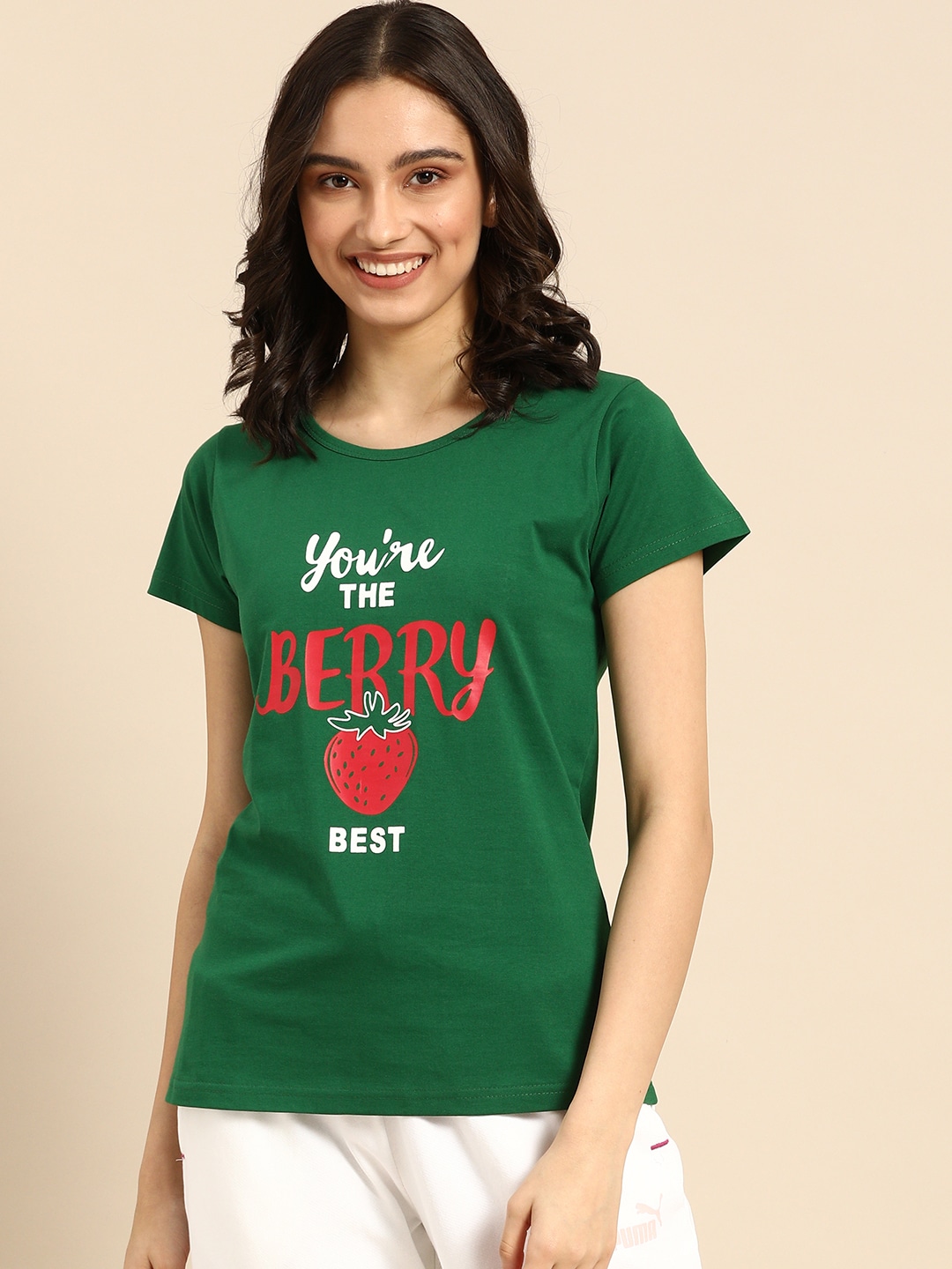 Clt.s Women Green Printed Cotton Boyfriend Fit Lounge T-Shirt Price in India