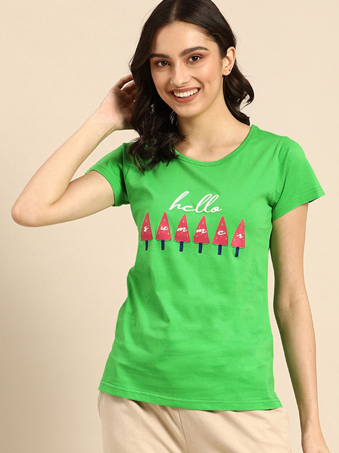Clt.s Women Green & Pink Pure Cotton Graphic Printed Lounge T-shirt Price in India