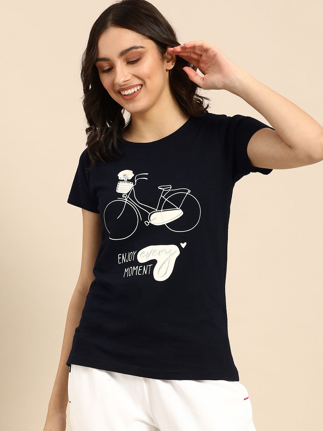 Clt.s Women Navy Blue Printed Cotton Boyfriend Fit Lounge T-Shirt Price in India