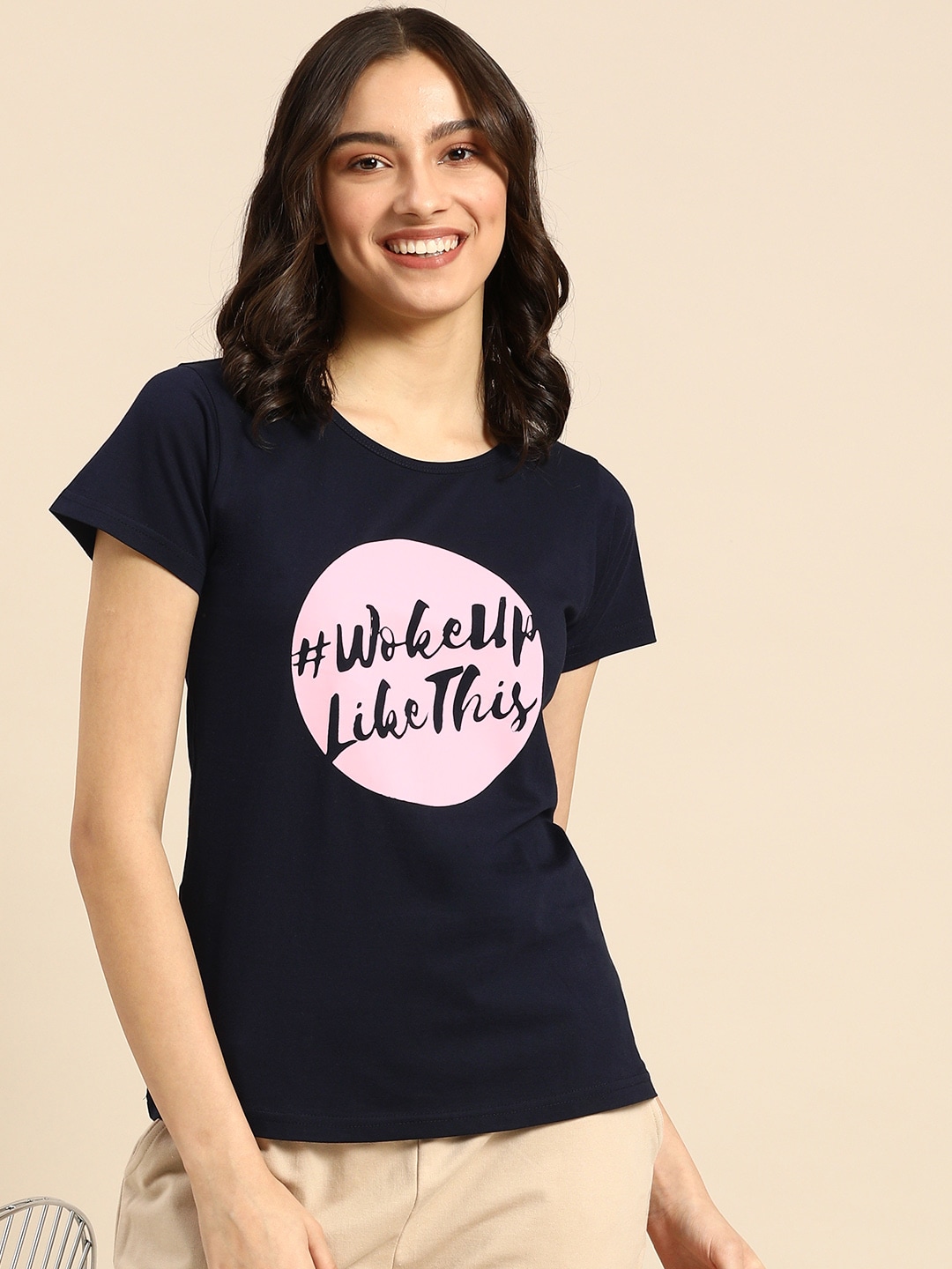 Clt.s Women Navy Blue Pure Cotton Graphic Printed Lounge T-shirt Price in India